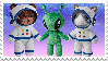 very pixelated images of the ikea bear, alien and cat aftonsparv teddies holding hands stamp