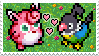 web stamp with wigglytuff and chatot from pokemon mystery dungeon. their sprites are slightly facing each other and small pixelated hearts are between them. they are stood on a grassy floor with flowers